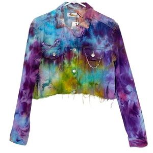 Handmade Tie Dye Jean Jacket Womens Size Medium Cropped Upcycled Colorful Denim